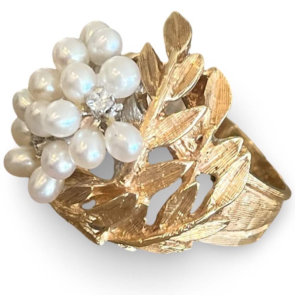 Mid-Century 14 K Solid Gold Seed Pearl Diamond Laurel Wreath Ring Size 6.5 - Picture 4 of 12
